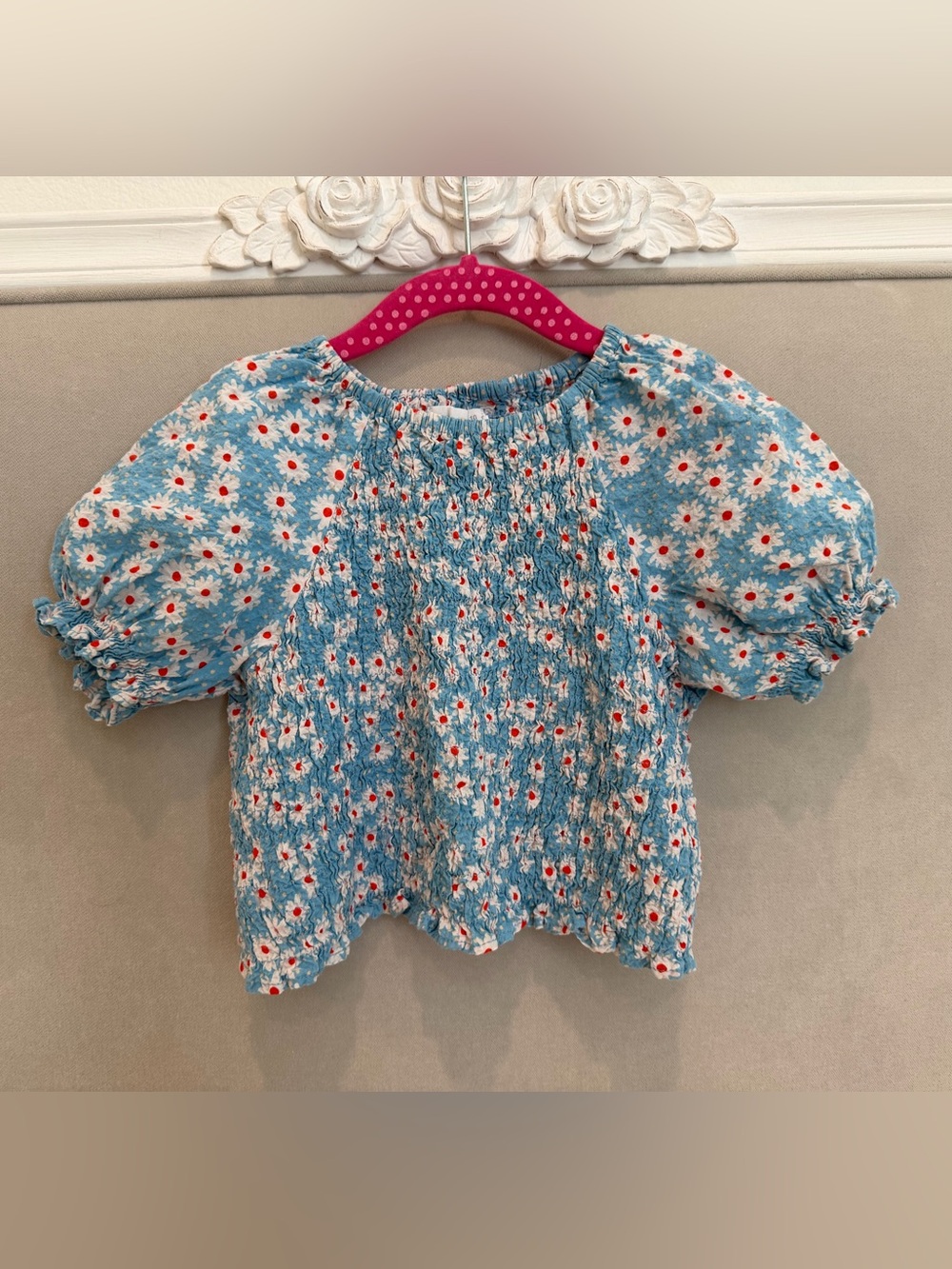 Zara Blue Floral Smocked Girls Top with Red Accent